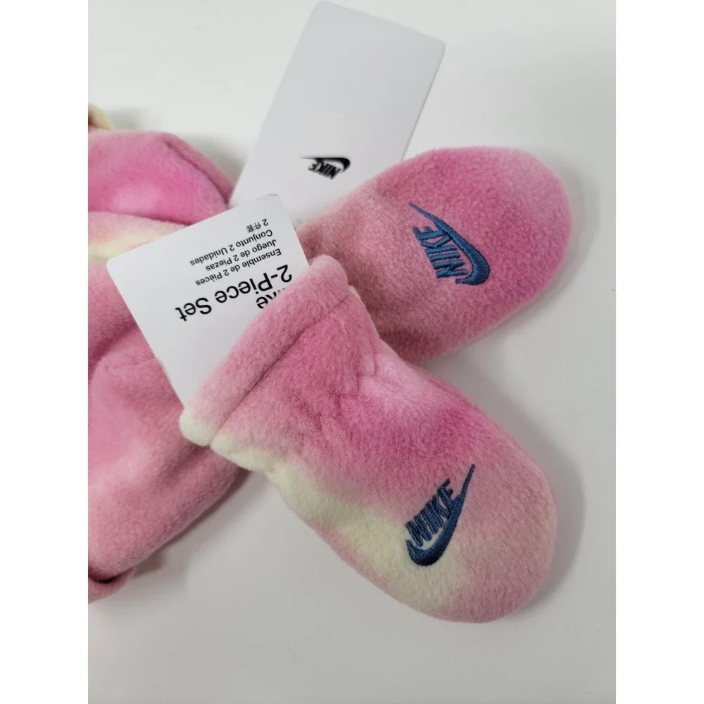 NWT Nike Fleece Trapper Style Hat Mittens Set Baby  12-24mth Pink Tie Dye Swoosh